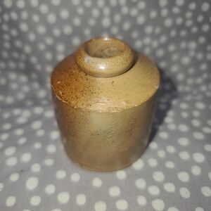 Antique Primitive Hand Thrown Stoneware Clay Inkwell Salt Glazed 2" Pork Pie